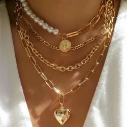 New Punk Gold-plate Thick Geometric Chain Jesus Mary Portrait Coin Pendant Necklace For Women Vintage Fashion Multilevel Jewelry