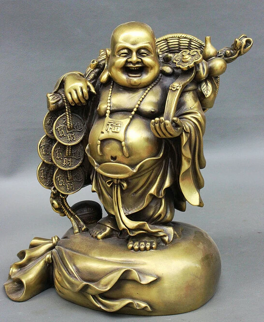 

bronze Decoration Pure Brass Good value Lucky 10" China Buddhism Pure Bronze Wealth Coin Stand Bag Maitreya RuYi Buddha Statue