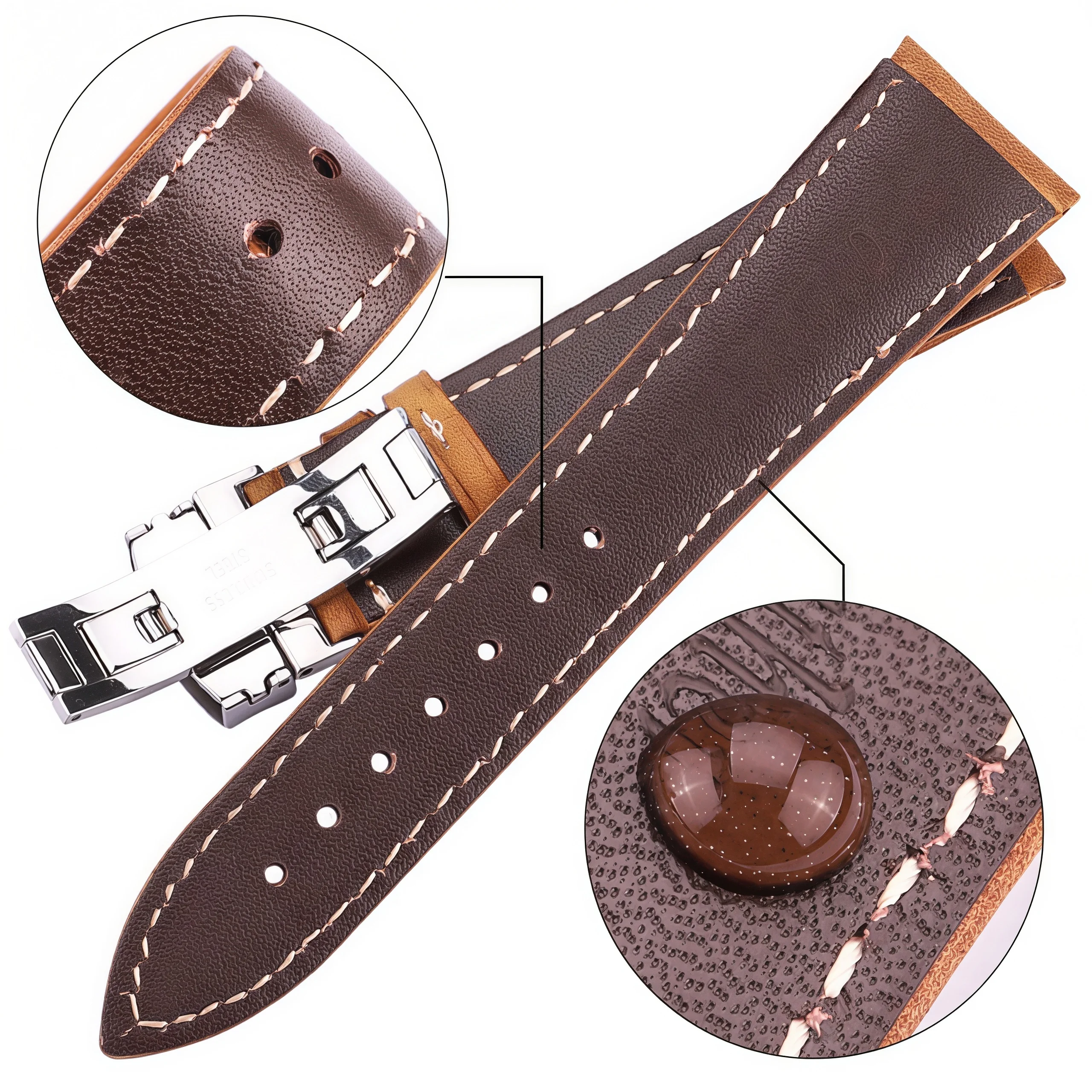 Vintage Cowhide Leather Watch Strap with Butterfly Clasp and Double Push Button Buckle