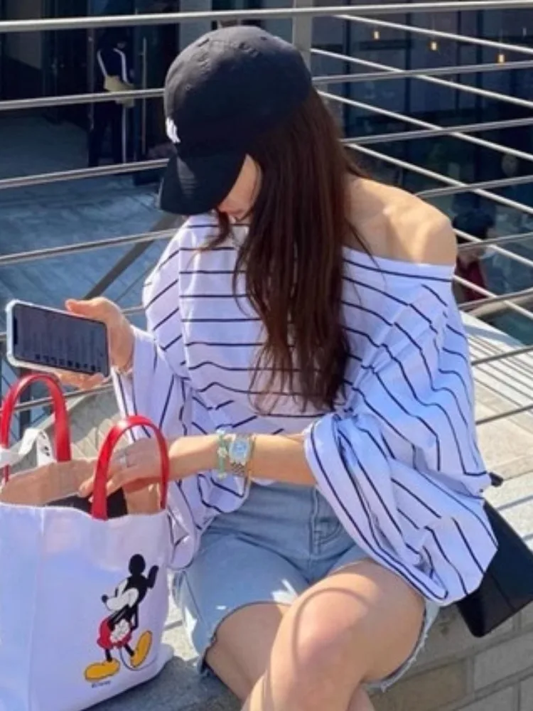 Ladies Long Sve oulder Bared T irt Spring Summer New Sle Lazy Large round Ne Loose Flared Sve Top Comfortable Fit