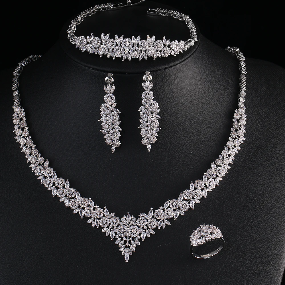 

2023 New Zircons Luxury White CZ Women Wedding Costume Jewellery Necklace 4 pcs African Dubai Bridal Party Jewelry Sets