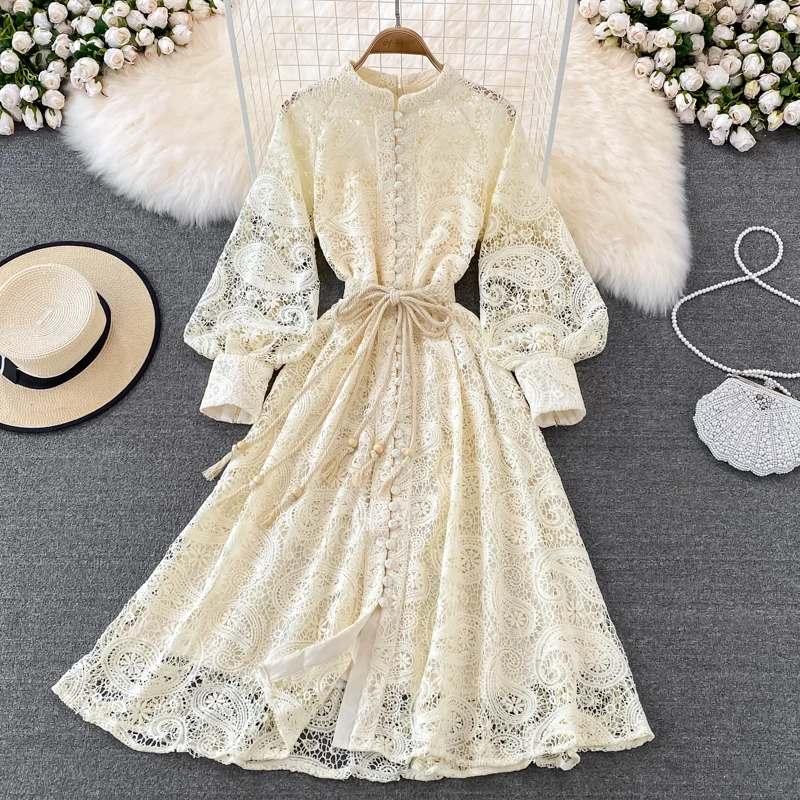 

Solid Lady Full Dress New Autumn Single Breasted A Line O Neck Hollow Out Puff Sleeve Button Retro Women Mid-Calf Dresses