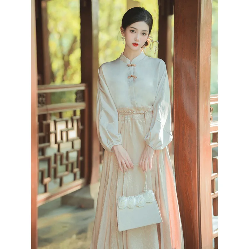 

Yourqipao Chinese Style Horse Face Skirt Women Elegance Hanfu Female New Improved Shirt Pleated Skirt Casual Retro Hanfu Set
