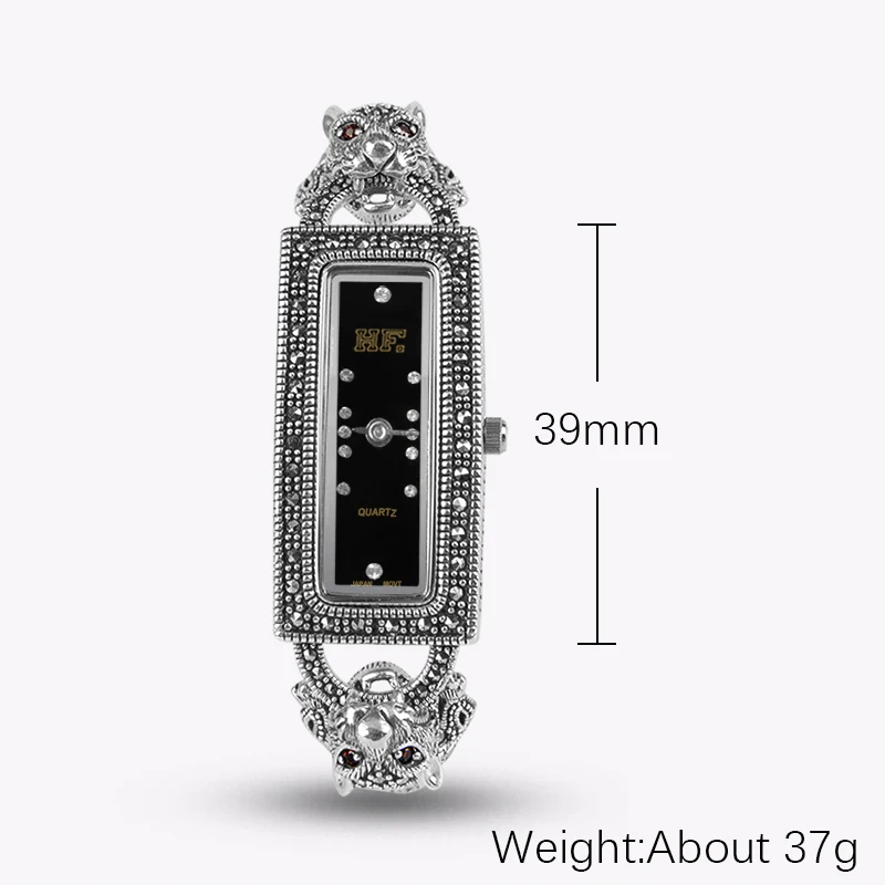 YYSUNNY Women's Vintage Rectangle Wrist Watch S925 Sterling Silver Two Leopards Bracelet Fashion Jewelry Birthday Party Gift