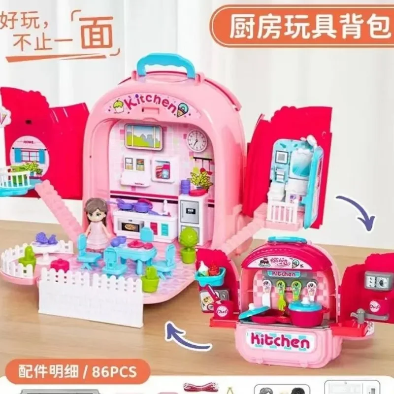 Simulation Pet Backpack Kids Kitchen Cooking Tableware Dressing Doctor Tool Backpack Toy Set Multifunctional Play House Toy Gift