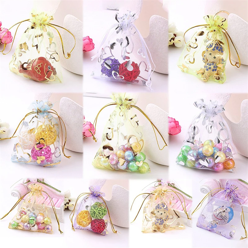 

100Pcs Peach Heart Drawstring Organza Bags Drawstring Small Jewelry Gift Bags Wedding Candies for Wedding Party Valentine's Day