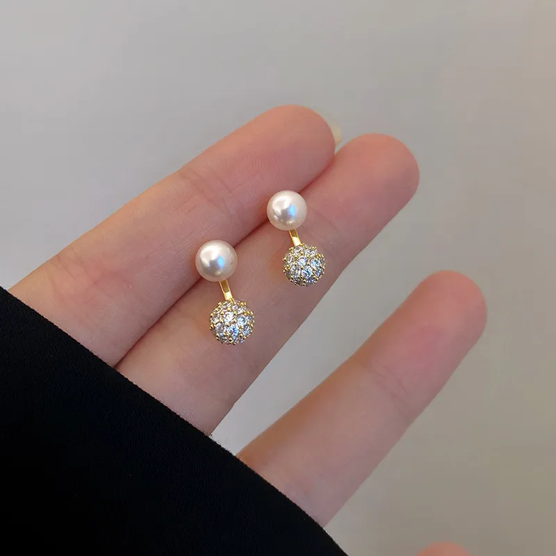 Round Stud Earrings For Women Korean Light Luxury Zircon Pearl Fashion Crystal Imitation Pearl Sweet Earring Girl Jewelry