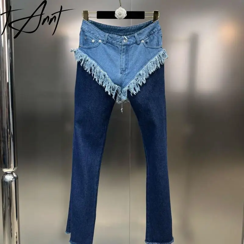 

Tannt Women Jeans Splicing Asymmetry Fake Two Denim Pants Asymmetry Color Matching High Waist Jeans For Women 2023 New