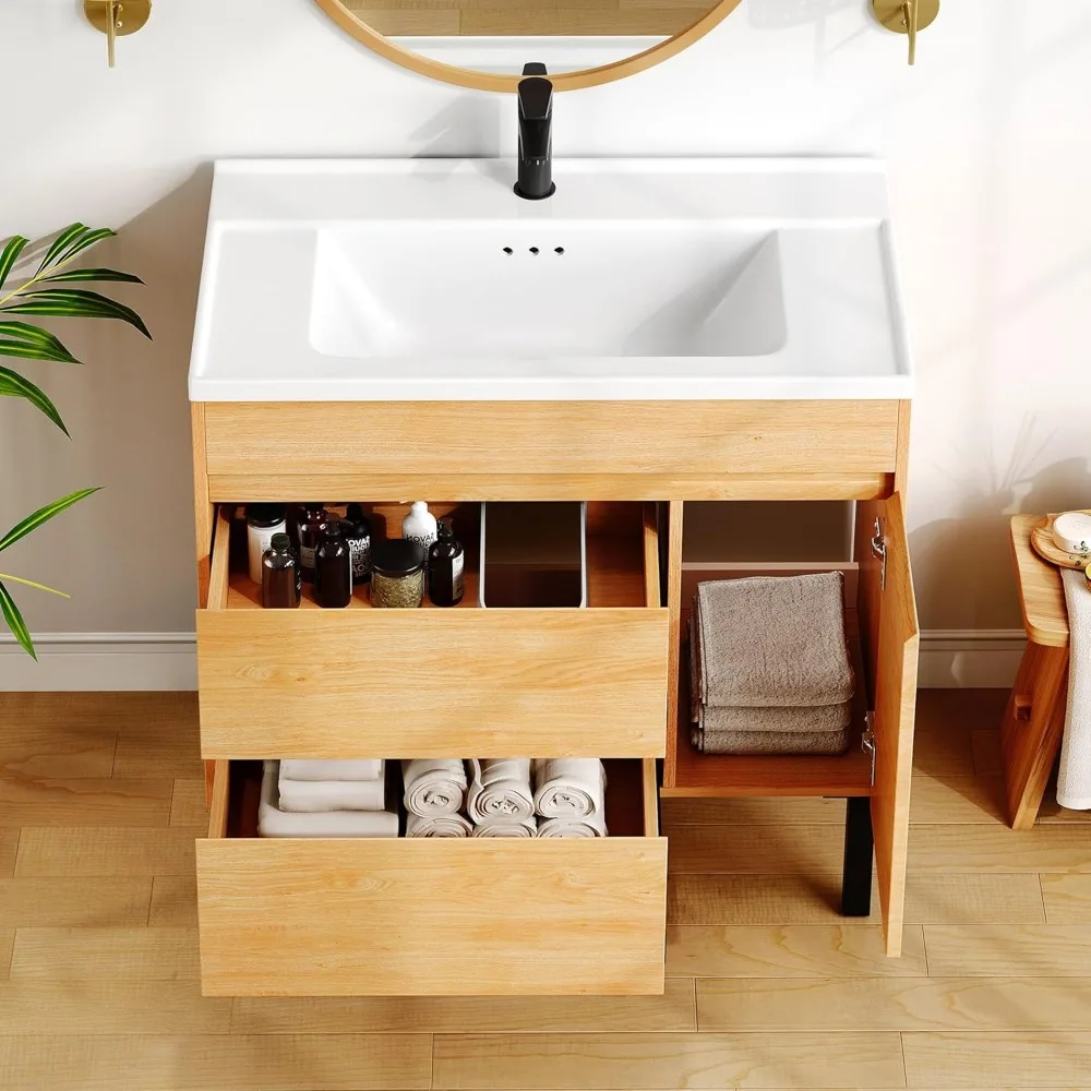 36 Inch Bathroom Vanity with Undermount Ceramic Sink, Natural Brown Bathroom Sink Cabinet, Modern Bathroom Storge Vanity 3