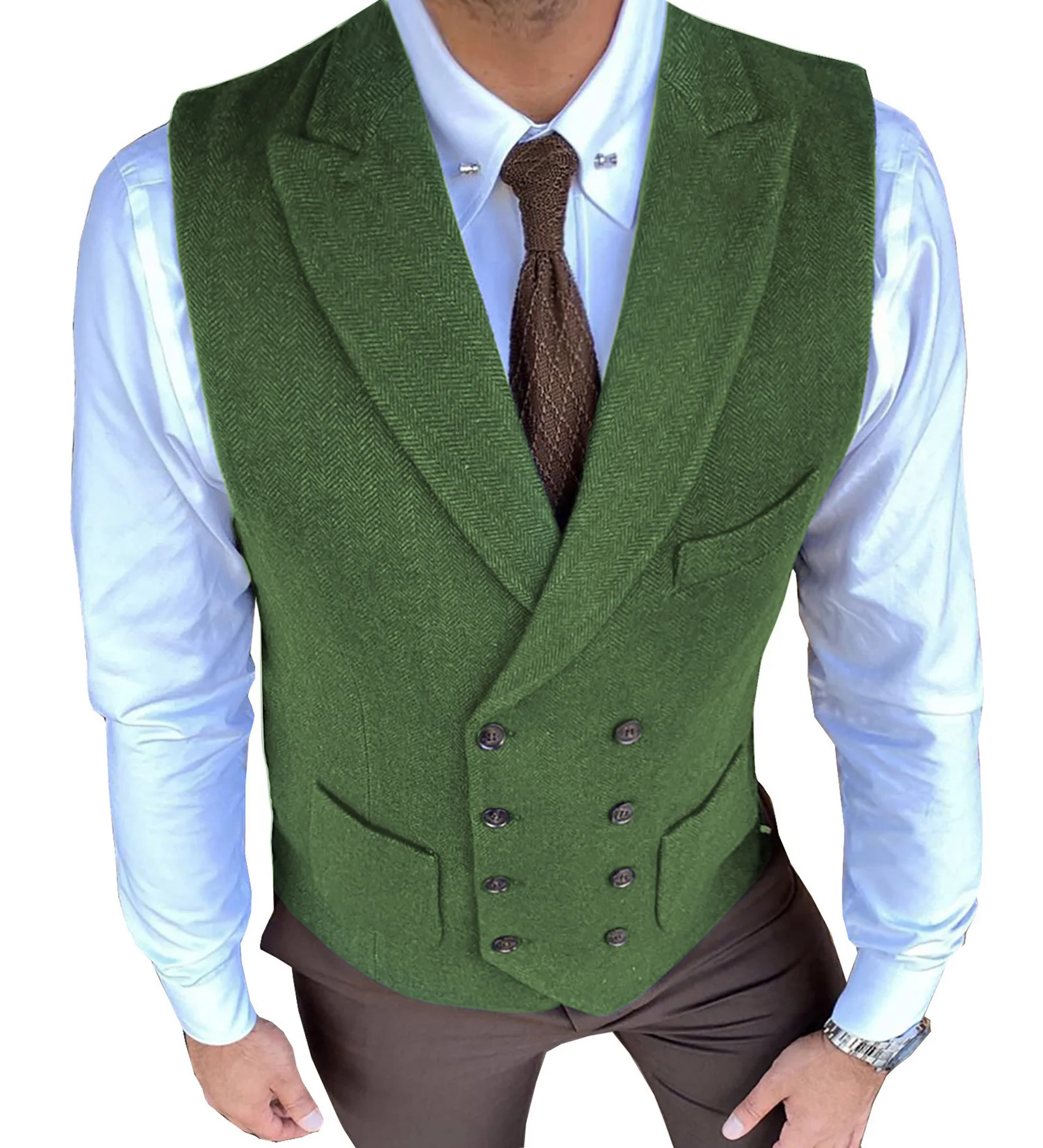 Men's Casual Double Breasted Suit Vest Herringbone Pattern Notch Lapel Waistcoat for Groomsmen for Wedding 5