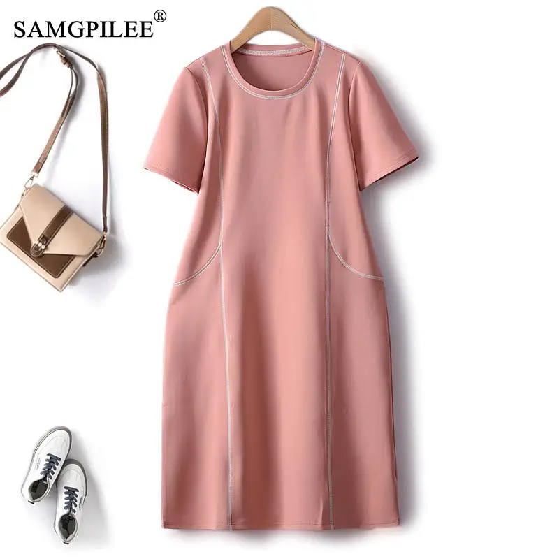 

Элегантные платья для женщин 2023 яркое облегающее платье с О-образным вырезом из хлопка с прострочкой облегающее женское платье средней длины с коротким рукавом