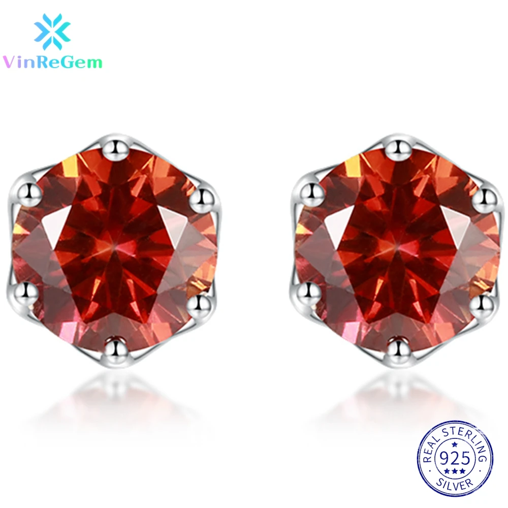 

Vinregem 925 Sterling Silver Round 2CT VVS1 Passed Test Diamonds Padma Red Moissanite Ear Studs Earrings for Women Drop Shipping