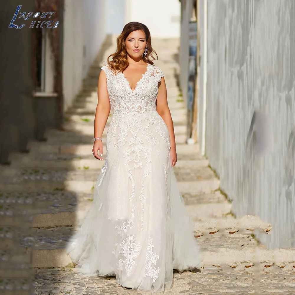 LAYOUT NICEB Exquisite Plus Size Tulle Wedding Dress 2024 Simple Lace Applique Bride Gowns Cap Sleeves Mermaid Vestidos De Noiva
