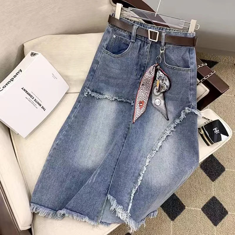 2024 New High waisted Denim Skirt 5XL Women Slim Vintage Tassel