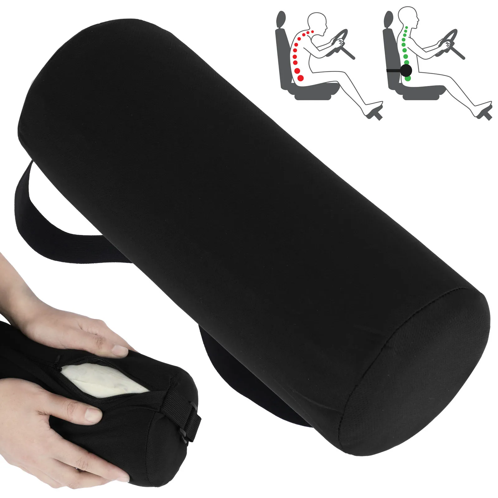 Memory Foam Black Lumbar Support Roll Pillow