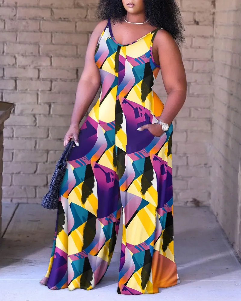

Summer Casual Print Spaghetti Strap Jumpsuit Print Color Block Sleeveless Wideleg Jumpsuit Women Vacation Travel Casual Jumpsuit