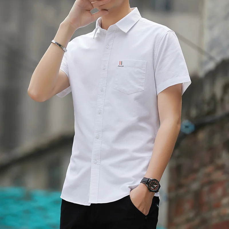 

Summer Non Ironing Pure Oxford Spun Short Sleeved For Men's Business Leisure, Solid Color Washed And Slim Fit All Cotton Shirt