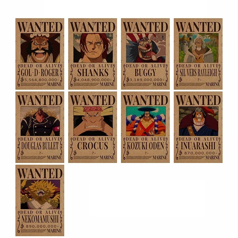 thumbnail image 1 of Póster de papel kraft grueso de One Piece Wanted Bounty Anime Luffy Sombrero de paja Piratas Cuatro Emperadores Oka Shichibukai Papel tapiz Decoración de habitación, 1 of 5