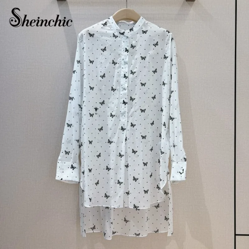 

100% Cotton Blusa Mujer Moda 2024 Spring Elegant Long Sleeve Butterfly Printed Top for Women Loose Casual White Shirt Femme