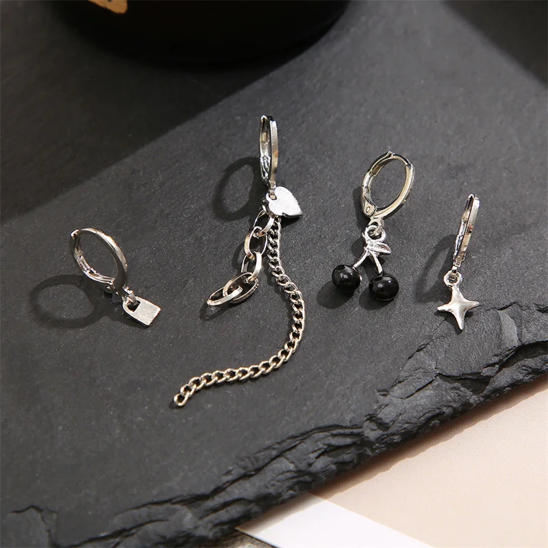 Punk Silver Color Metal Cherry Earring Heart Long Tassel Chain Y2K Irregular Bear Bowknot Hoop Earrings for Women Party Jewelry