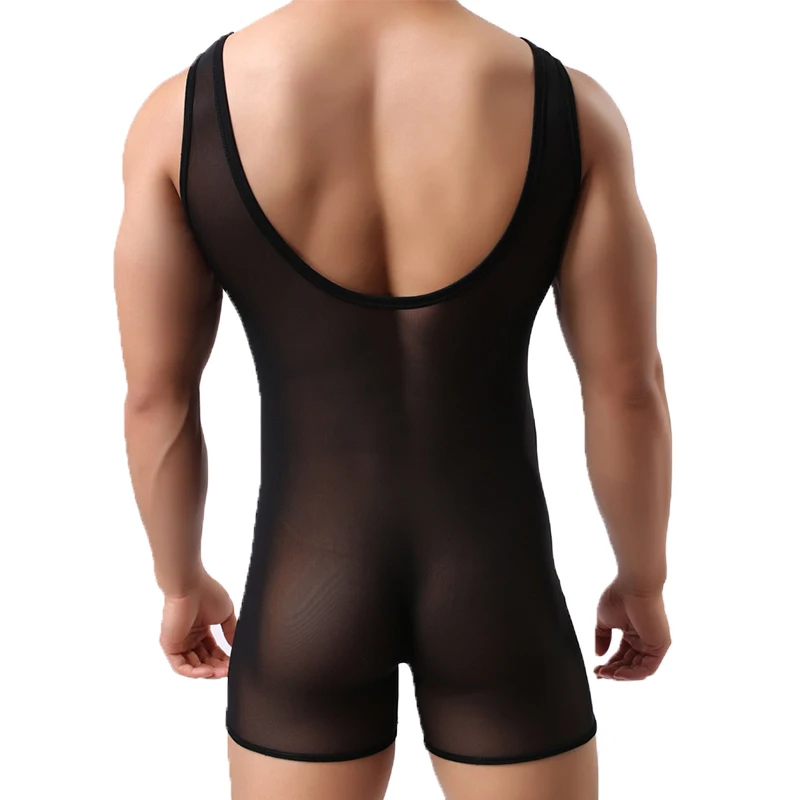 Sexy Men Undershirt Leotard Mesh Transparent Sheer Bodysuits Shorts Wrestling Singlet Jumpsuits Slip Homme Fishnet Gay Underwear