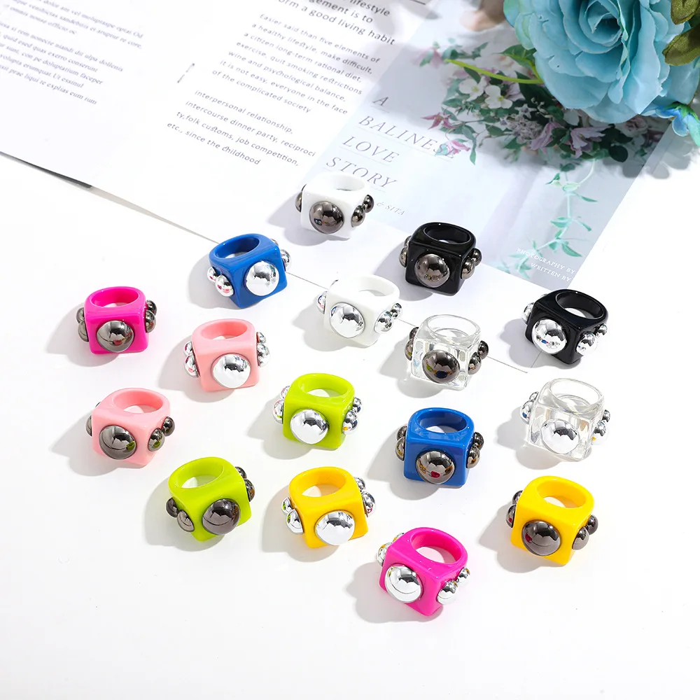 

U-Magical minimalism Jelly Color Arcylic Square Geometric Ring for Women Multiple Circle Resin Index Finger Ring jewelry product