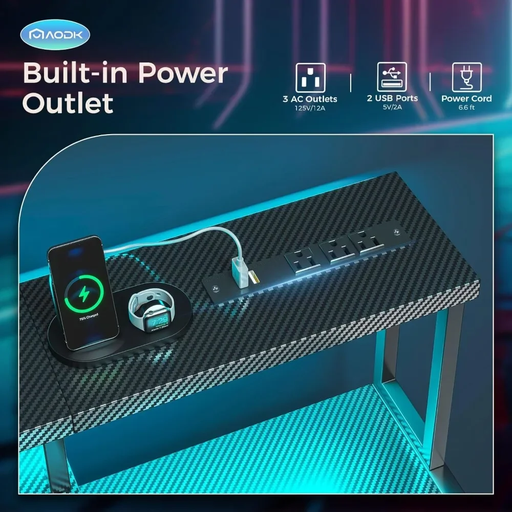 New2025-Computer Desk, 56 Inch Gaming Desk with Led Lights & Power Outlet, Office Desk with Printer Storage Shelves, Reversible