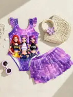 Girls' Swimwear Set: Girls' Tank Top One-Piece Swimsuit + Cute Ruffled Swimsuit Skirt, Two-Piece Swimsuit Suitable for 4-11 Year Old Girls, Summer Beach Vacation Outfit 1