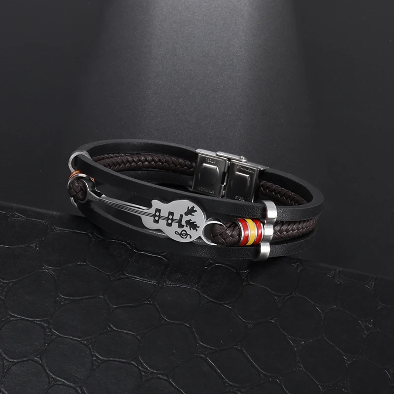 Pulsera de cuero tejida multicapa para hombre, brazalete clásico de moda Rock negro, guitarra Punk, accesorios de fiesta callejera, regalo