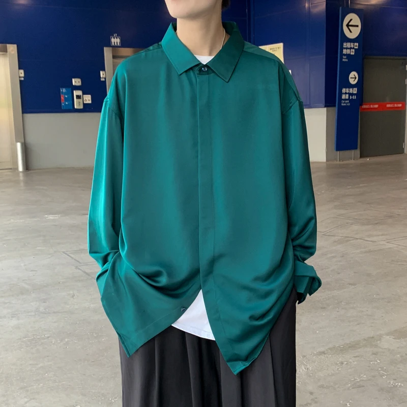 

Vintage Green Shirts Men's Long-sleeve Shirt Spring Autumn Korean Trendy Button Up Shirt Handsome Loose Casual Men Black Tops