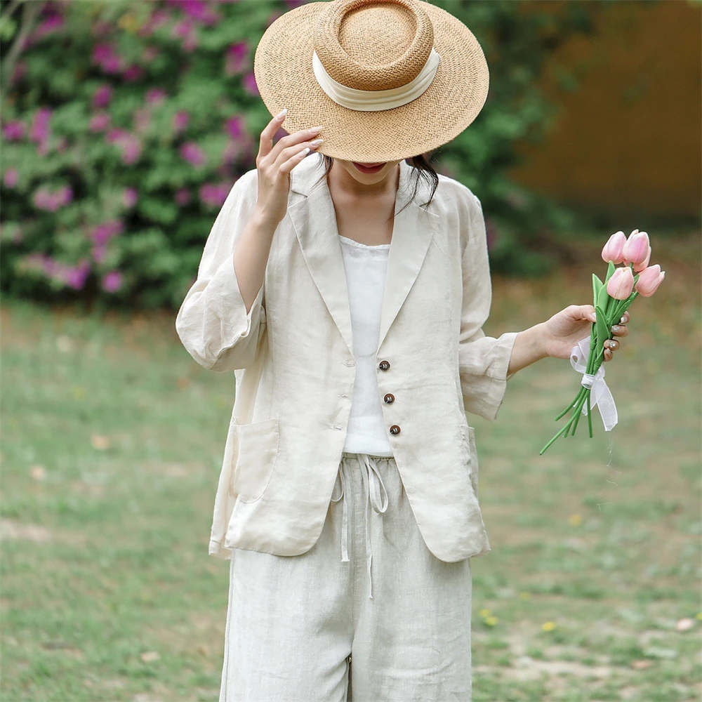 Ladies Linen Blazer Coat Summer Retro Loose Cardigan Tops Women Suit Outerwear Female Single Breasted Thin Breathable Jacket New 6