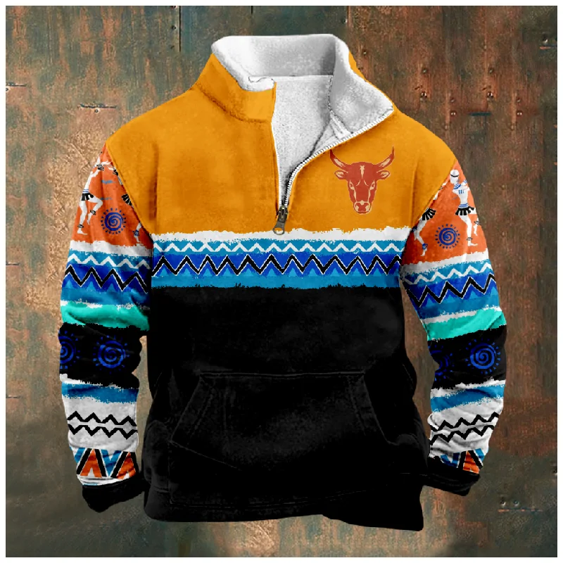 New Creative Cotton Jacket Hooded Sweater Casual Printing Men's Long Sleeve Standing Neck Half Zip Sweater Cut Inside a03