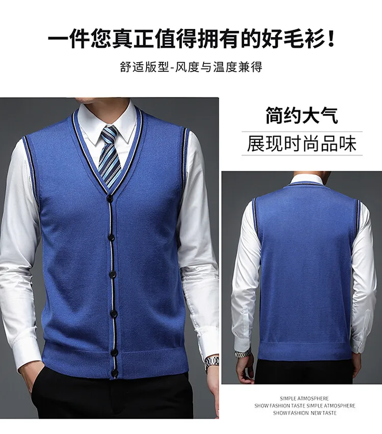 Description Picture 3 of itemMan Wool Sweater Coats Vest 2024 Autumn Winter Men Knitted Man Single Breasted Sleeveless Sweater Cardigan