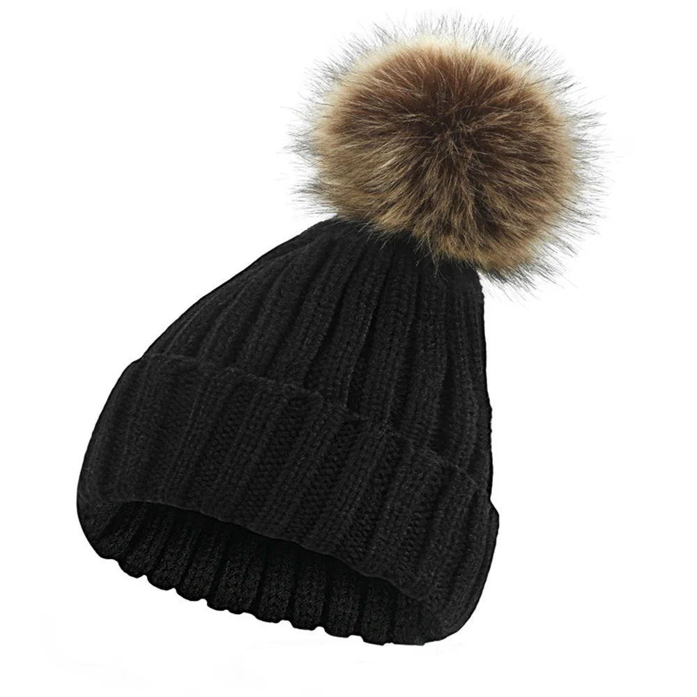 

Simple Knitted Hat for Women Winter Hat Wool Luxury Beanies Skullies Artificial Fur Pom Hat for Girls Gorro Female Cap 54-60CM