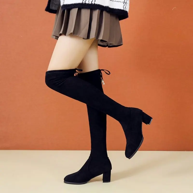 Flannel Boots Autumn and Winter Riding Boots High-heeled Boots Over-the-knee Boots Thick Heel Non-slip Warm Women's Boots Boot