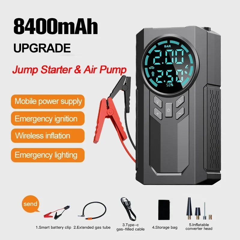 

Portable Car Jump Starter Air Pump 4 in 1 Air Compressor 8400mAh Power Bank Lighting 1000A Starting Device Auto Tire Inflator