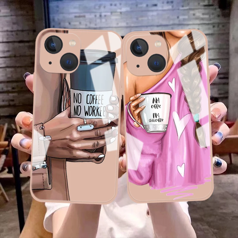 Custodie Per Telefoni In Vetro Per Iphone 15 Pro Max Pink Per Iphone 14 13 12 11 Pro Max 7 8 Plus Xs Max Fashion Coffee Beautiful Girl Cover