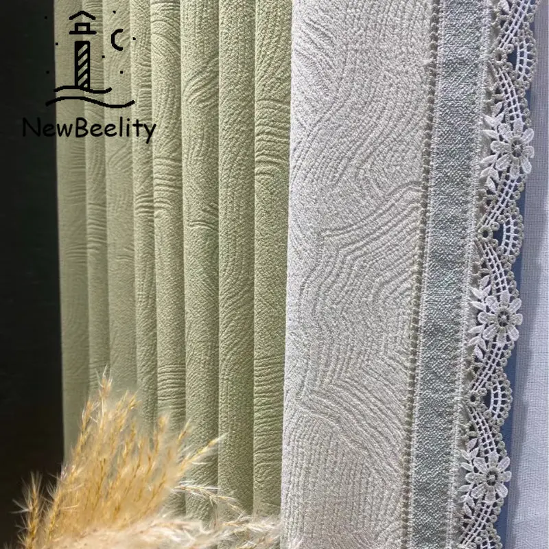 

2023 New Modern Curtains for Living Dining Room Bedroom Chenille Jacquard Matcha Green Milk Tea Color Curtains Custom