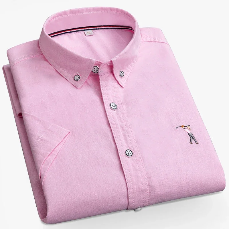 Casual Short Sleeved Shirt Summer Men Short Sleeve Dress Shirts Embroidery Solid Color Turn Down Collar