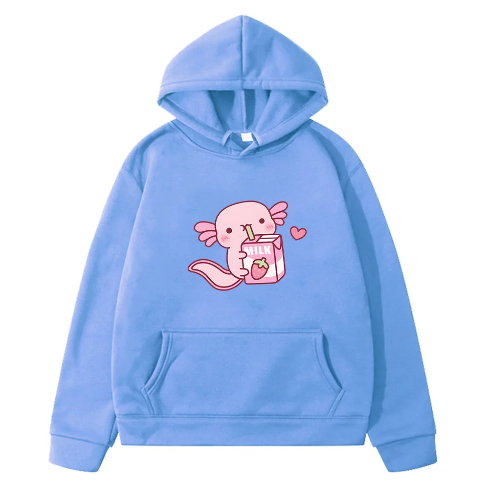 

Cute Funny Axolotl Salute Drink Milk Manga Printed Graphic Hoodies Children Clothing for Boys and Girls Cartoon Long Sleeve Tops