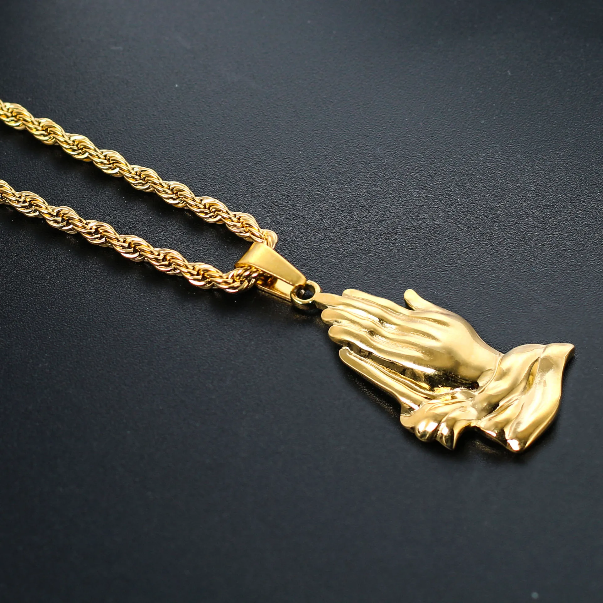 14k 18k gold women's men's praying hands pendant necklace 1