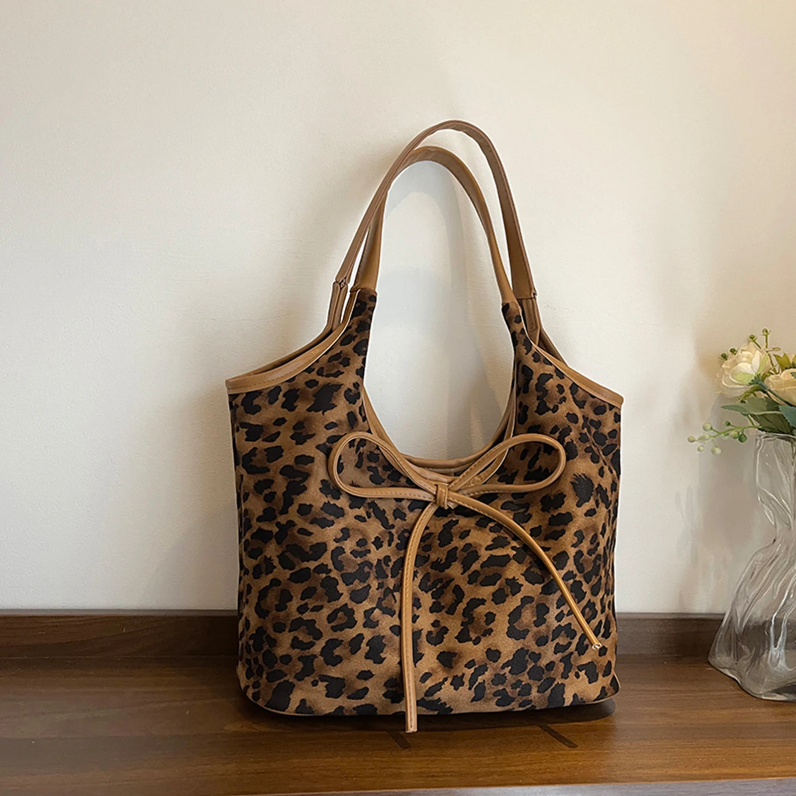 Women Leopard PU Shoulder Bag Bow Handbag Underarm Bag Large Capacity for Daily School Travel