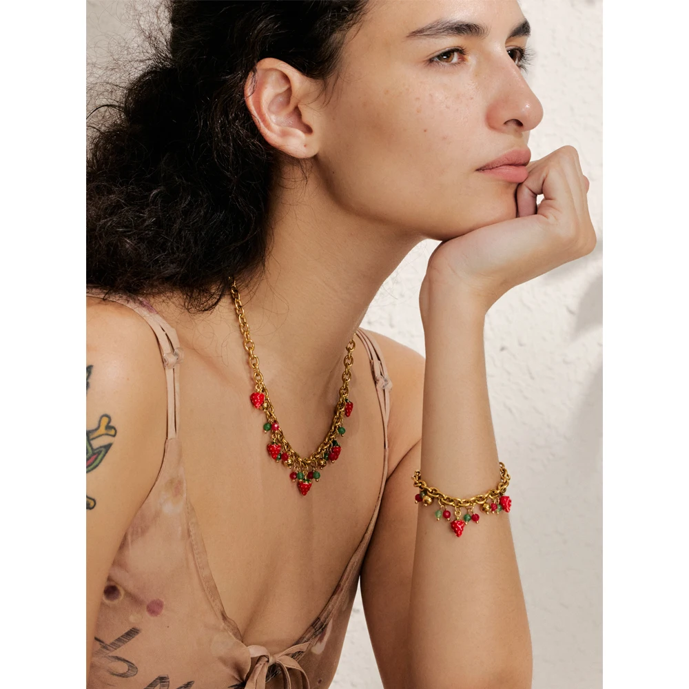 Yhpup Trendy Stainless Steel Red Enamel Stone Strawberry Drop