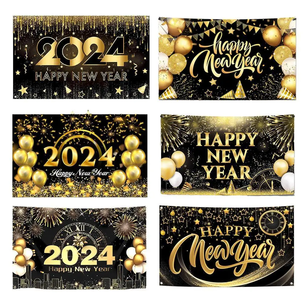 

New Happy New Year 2024 Backdrop Cloth Merry Christmas Decoraions for Home Black Gold New Year Background Ornament Xmas Gift hot