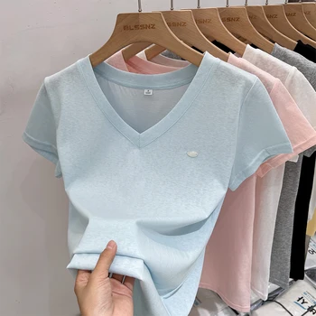 عالية الجودة بلون الخامس الرقبة تي شيرتات قصيرة الاكمام المرأة الصيف 2025 عادية فضفاضة تناسب تنوعا القمم Harajuku الشارع الشهير 3