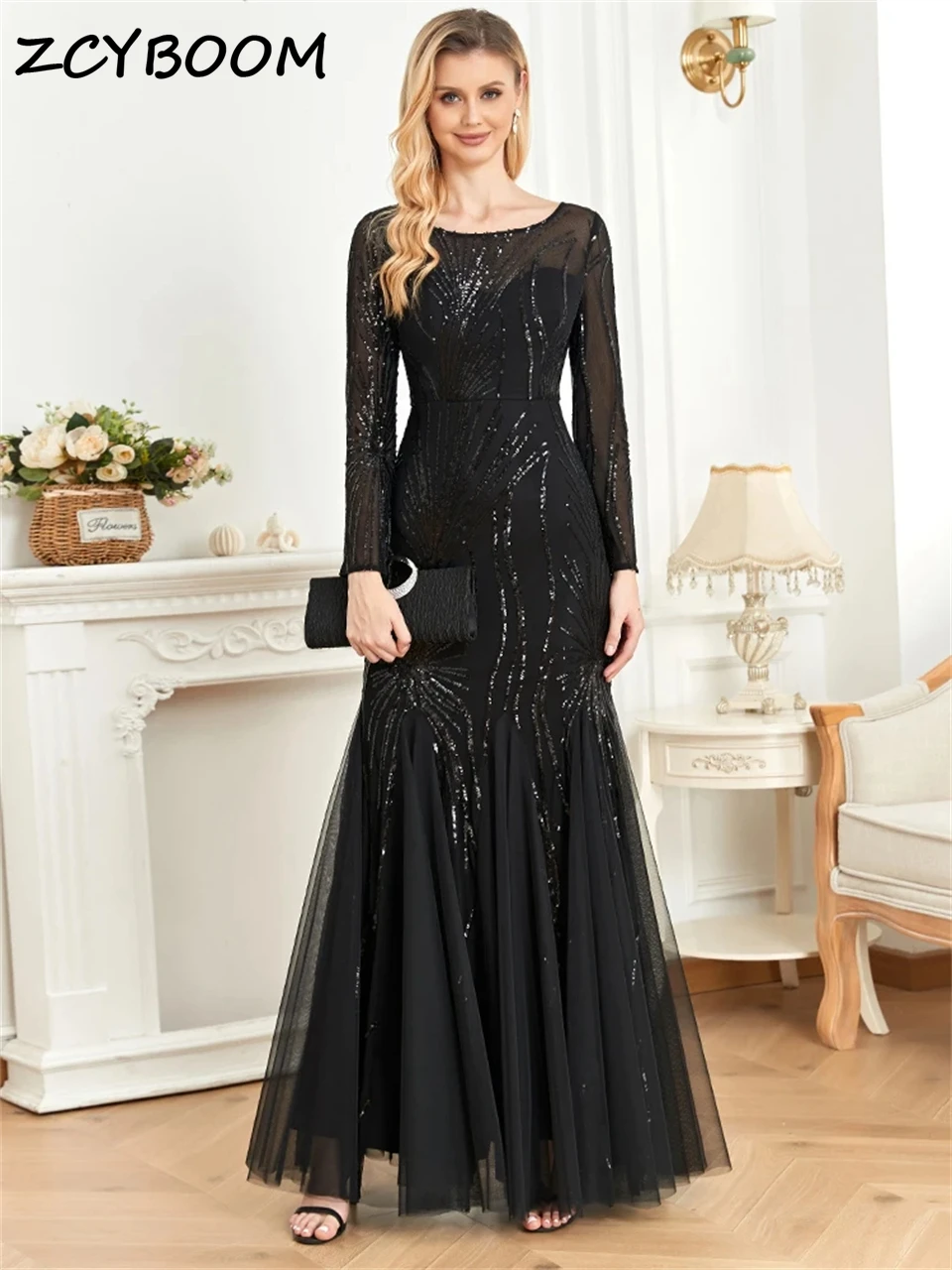 

Elegant O-neck Sequined Full Sleeves Illusion New Design Mermaid Evening Dresses 2024 Sweep Train Prom Dresses Party Gowns