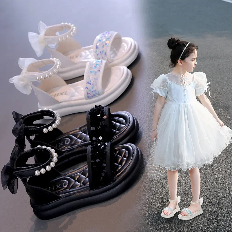 

Girls Sequin Pearls Princess Shoes Sandals Children Summer Bowtie Bring Outdoor Roman Sandalias Kids Non Slip Beach Shoes