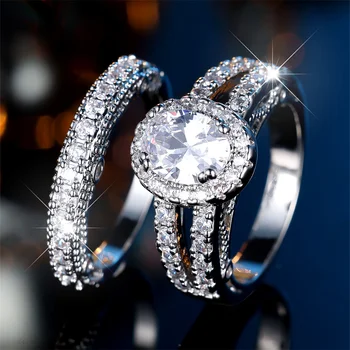 2pcs/Set Luxury Crystal Oval Stone Engagement Ring Sets For Women Vintage Silver Color White Zircon Wedding Jewelry Bridal Gifts