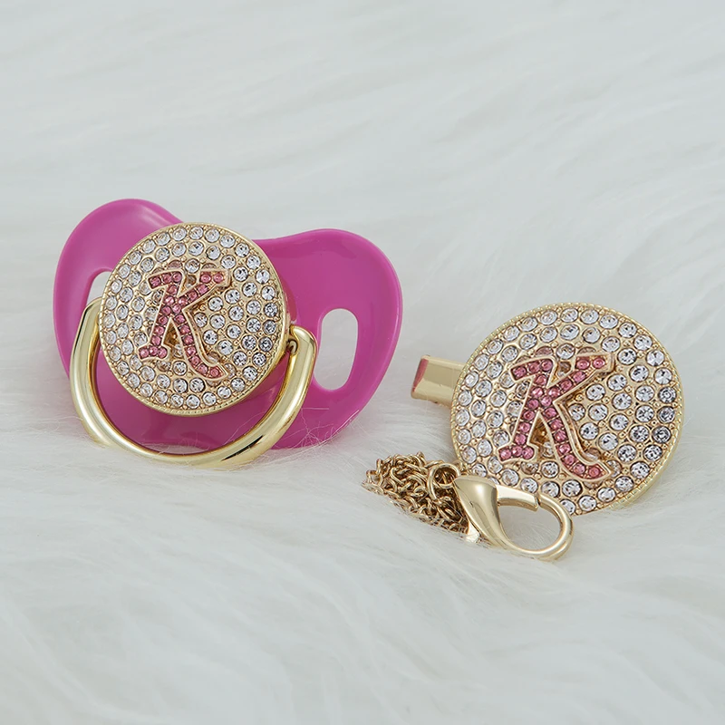 

MIYOCAR luxurious rose red 3D Initials pink letter K bling pacifier and pacifier clip BPA free dummy bling unique gift