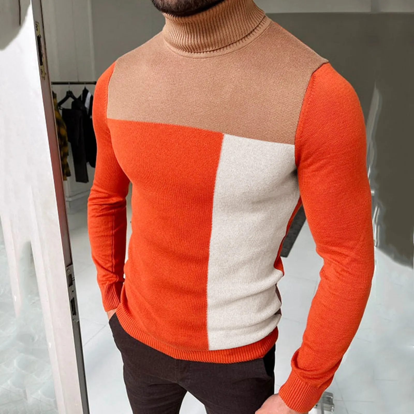 

Winter Men'S Turtleneck Sweaters Orange Colorblock Slim Knitted Pullovers Men Solid Color Casual Sweaters Male Autumn Knitwear